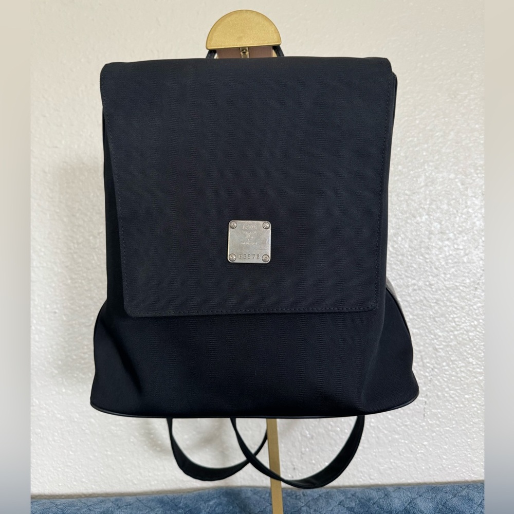 MCM RARE BLACK CANVAS BACKPACK SILVER HARDWARE
